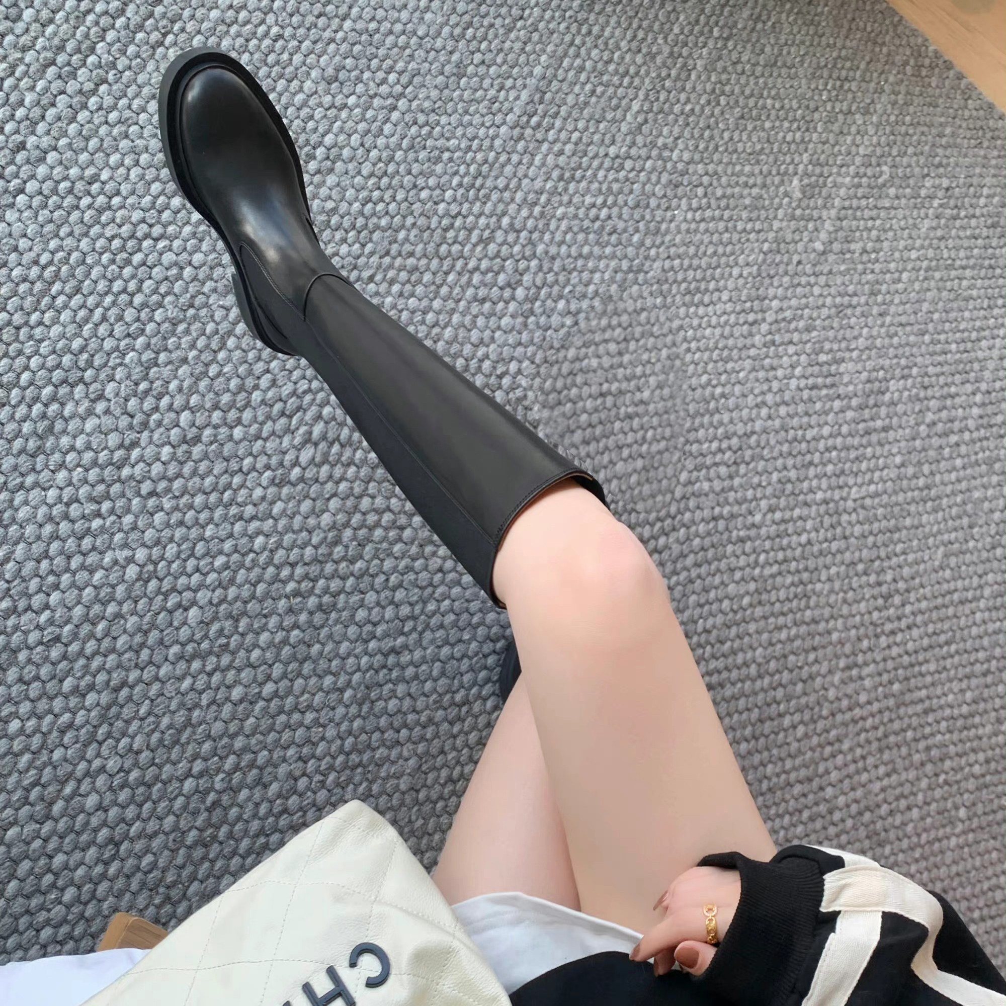 显瘦显脚小真皮长筒靴女圆头厚底骑士靴高筒靴子女牛皮长靴瘦瘦靴