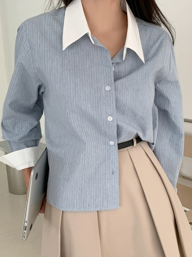 小G韩国代购 2022秋季chic少女经典时髦拼接翻领细条纹长袖衬衫女