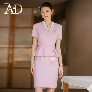 AD夏季时尚短袖职业连衣裙工作服新款紫色假两件气质女神范套装