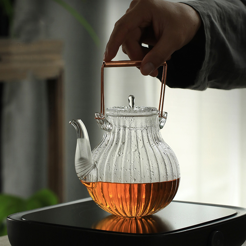 日式简约 菊瓣耐热加厚玻璃茶壶 铜