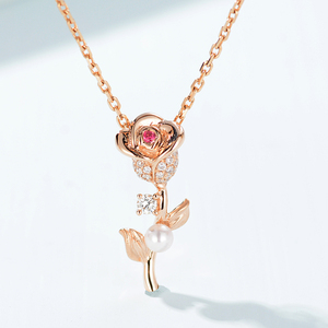 gemminer 18k玫瑰金红宝石珍珠钻石吊坠 玫瑰花项链