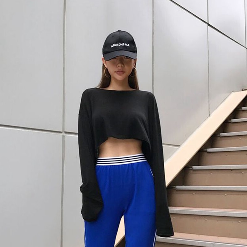 爵士舞t恤女露脐学生_爵士舞t恤女夏短款露脐上衣长袖女漏肚脐宽松