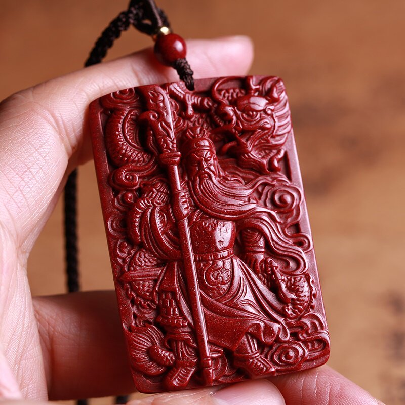 新款天然红朱砂关公男吊坠紫金砂关羽挂件项链方牌创意饰品礼物