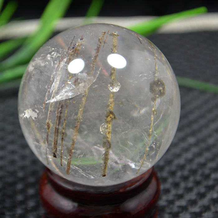 锦缘水晶晶发晶球摆件天然钱串水晶球云母片铜发摆件