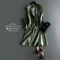 2016春秋新款韩版亚麻女装森女系中长款纯色无袖系带马甲外套