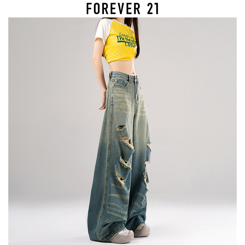 Forever 21高腰渐变牛仔裤女2024年新款垂感宽松破洞阔腿拖地裤子