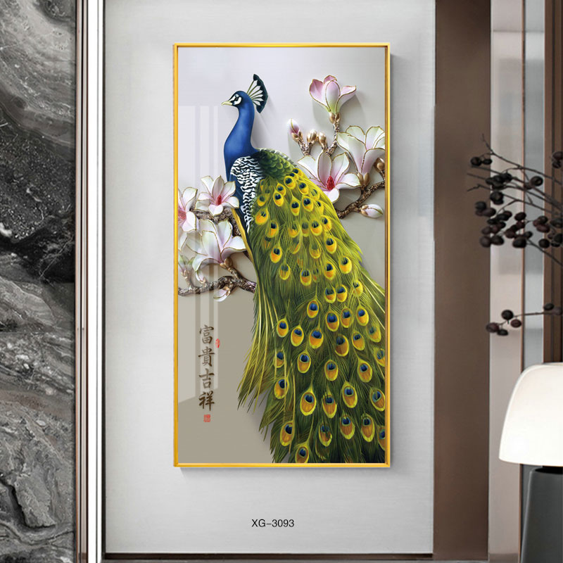 孔雀入户玄关壁画招财墙画走廊装饰画竖版新中式客厅轻奢晶瓷挂画