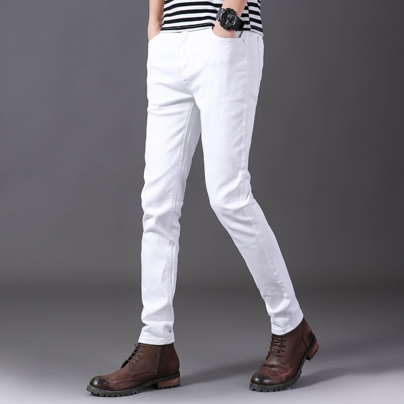 夏季纯白色牛仔裤男士直筒修身弹力小脚裤韩版潮流休闲白裤子男装