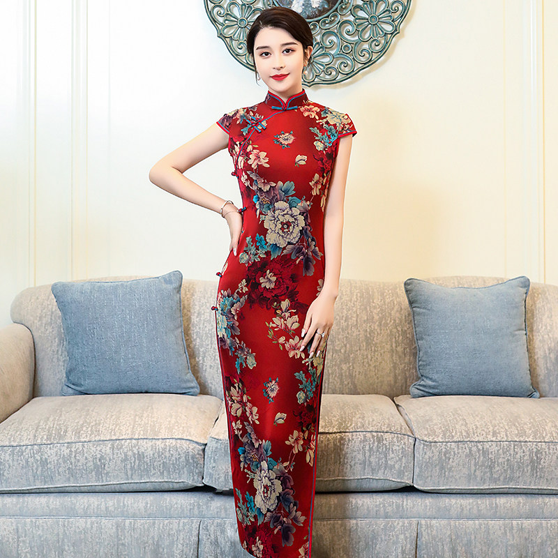 中国风复古优雅牡丹花旗袍2020新