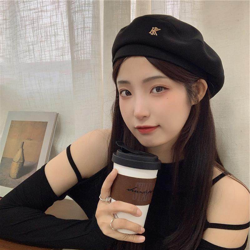 甜酷不掉队韩系金属黑色毛呢贝雷帽女秋冬气质网红复古画家帽潮