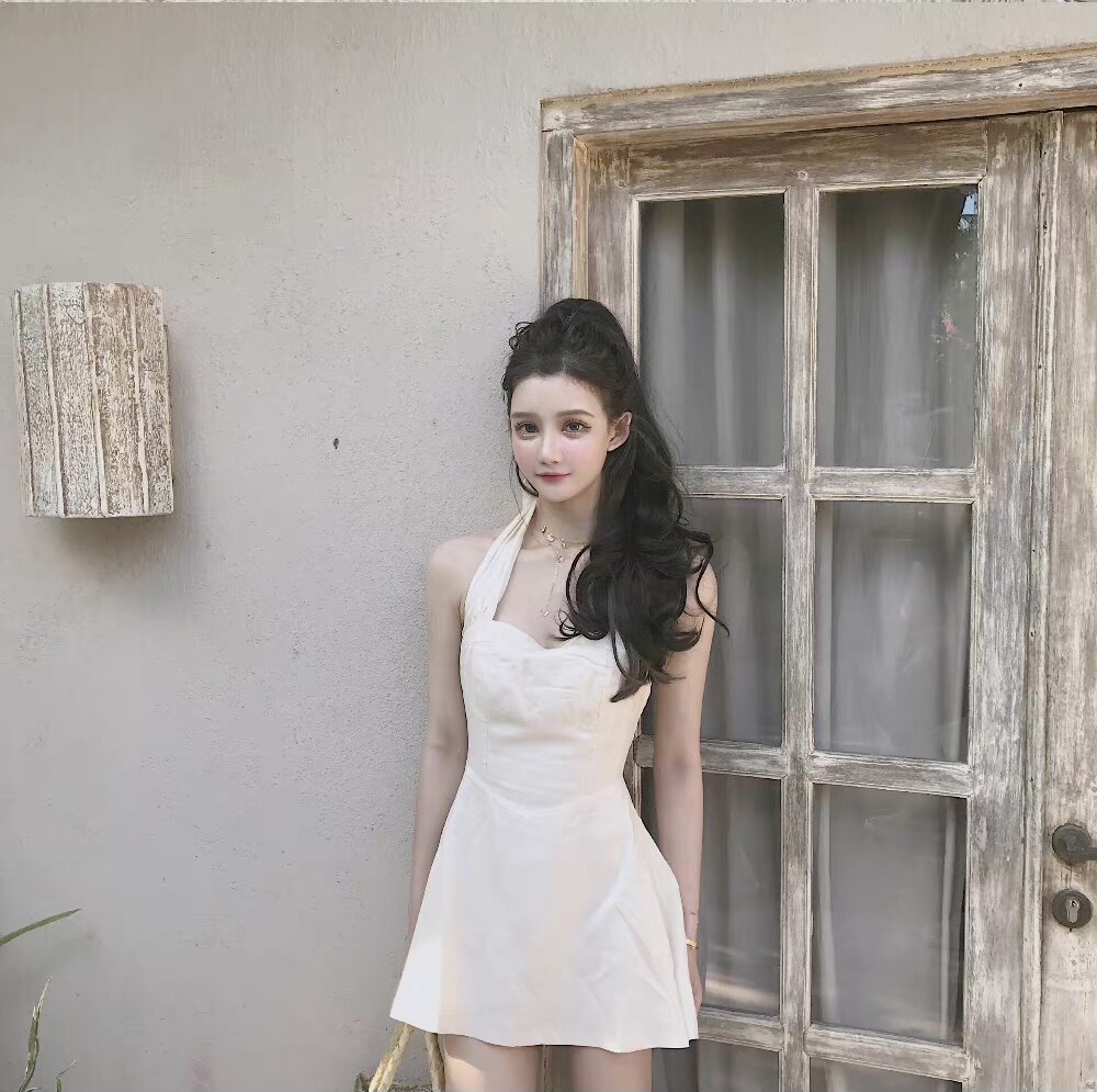 romanceofgirl龙心少女挂脖度假性感无袖清纯少女初恋白色连衣裙