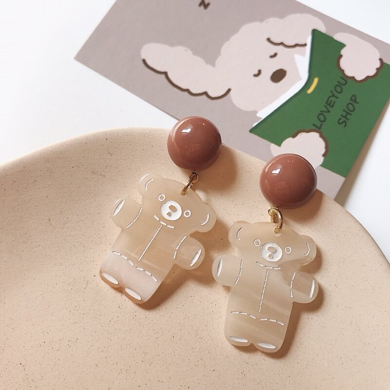爱的熊抱抱 日系原创设计复古文艺风晕染咖啡色可爱小熊耳环耳夹