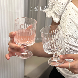 玻璃水杯子小众ins欧式条纹高脚杯复古香槟杯高颜值家用女红酒杯