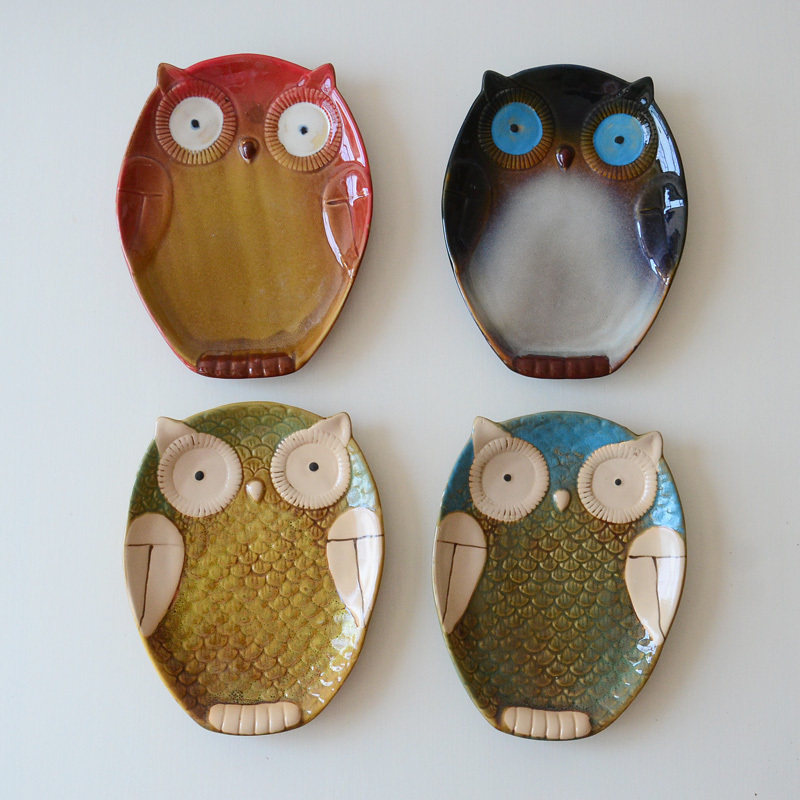 景德镇瓷 创意猫头鹰形状浮雕陶瓷盘子 椭圆形异形餐盘菜盘