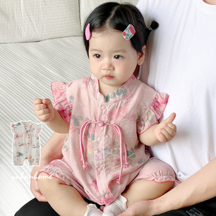 女宝宝衣服夏季薄款新中式国风满月冰丝外穿爬服哈衣婴儿连体衣