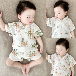 婴儿夏季薄款套装竹纤维纱布护肚居家透气度假宝宝短袖短裤套装