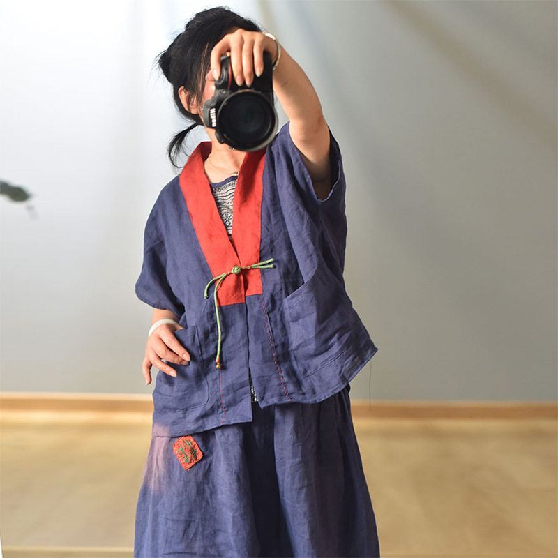 春夏禅意日式和尚领开衫马甲复古汉服女对襟盘扣系带铃铛拼接上衣