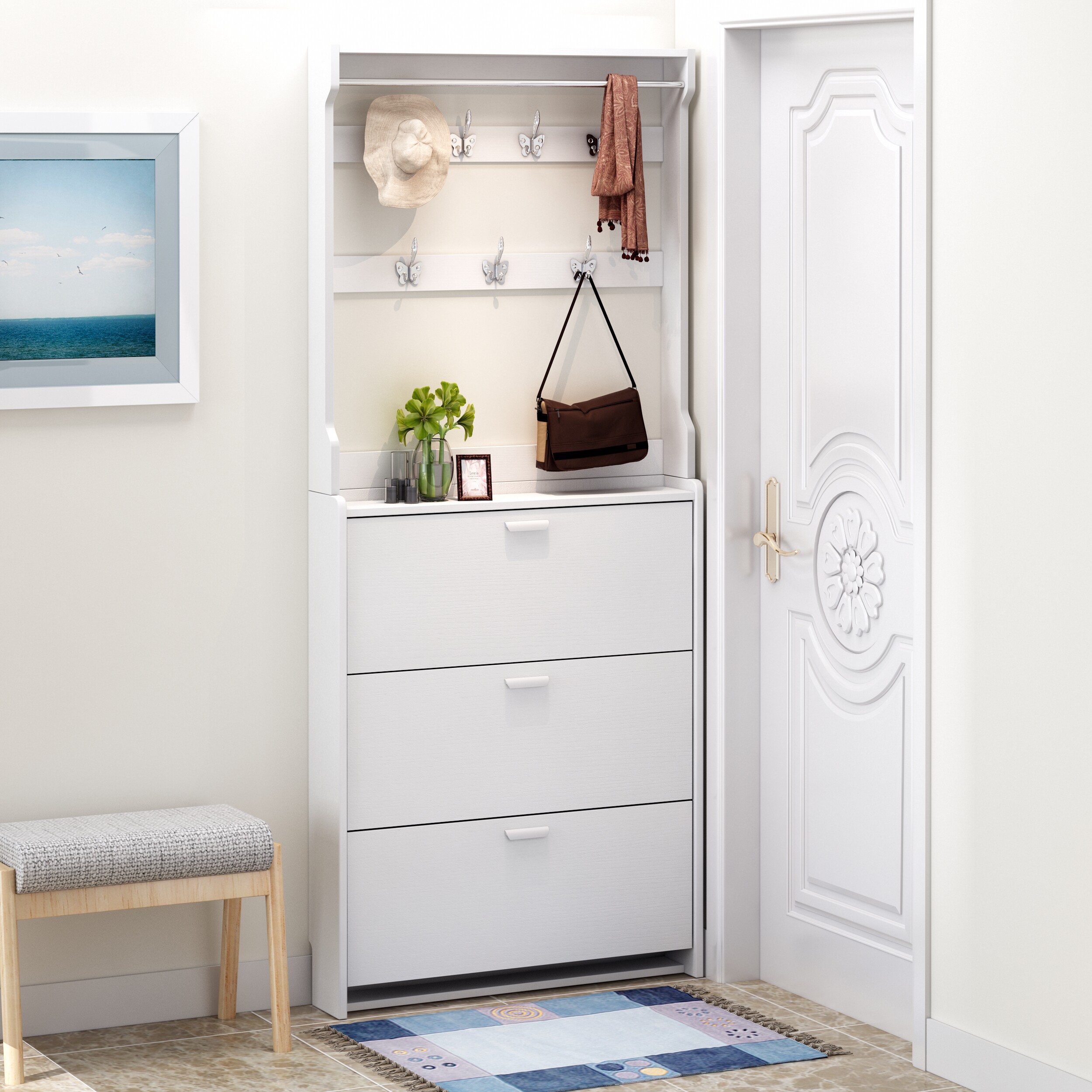 超薄鞋柜17cm 门厅柜衣帽架_门口超薄翻斗17cm鞋柜带挂衣架一体简约