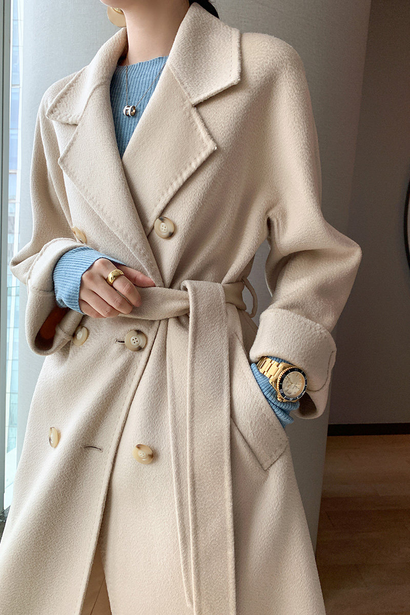 m家101801水波纹羊绒大衣女双排扣中长款高端大牌羊毛双面呢外套