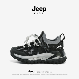 jeep黑色运动鞋男童软底跑步鞋飞织透气女童2024新款儿童鞋子夏季