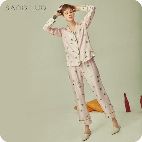 真丝睡衣猫咪印花套装SANGLUO桑罗简约长袖长裤桑蚕丝家居服女春