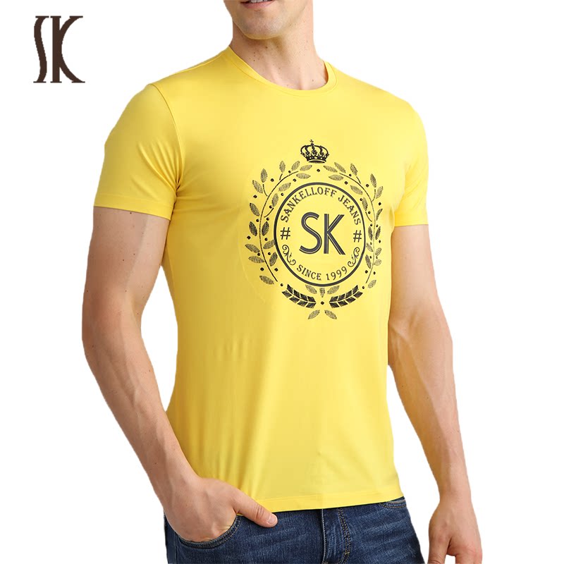 sk圣加诺夫男士打底短袖t恤衫男式纯棉圆领体恤黑白黄色上衣服夏t