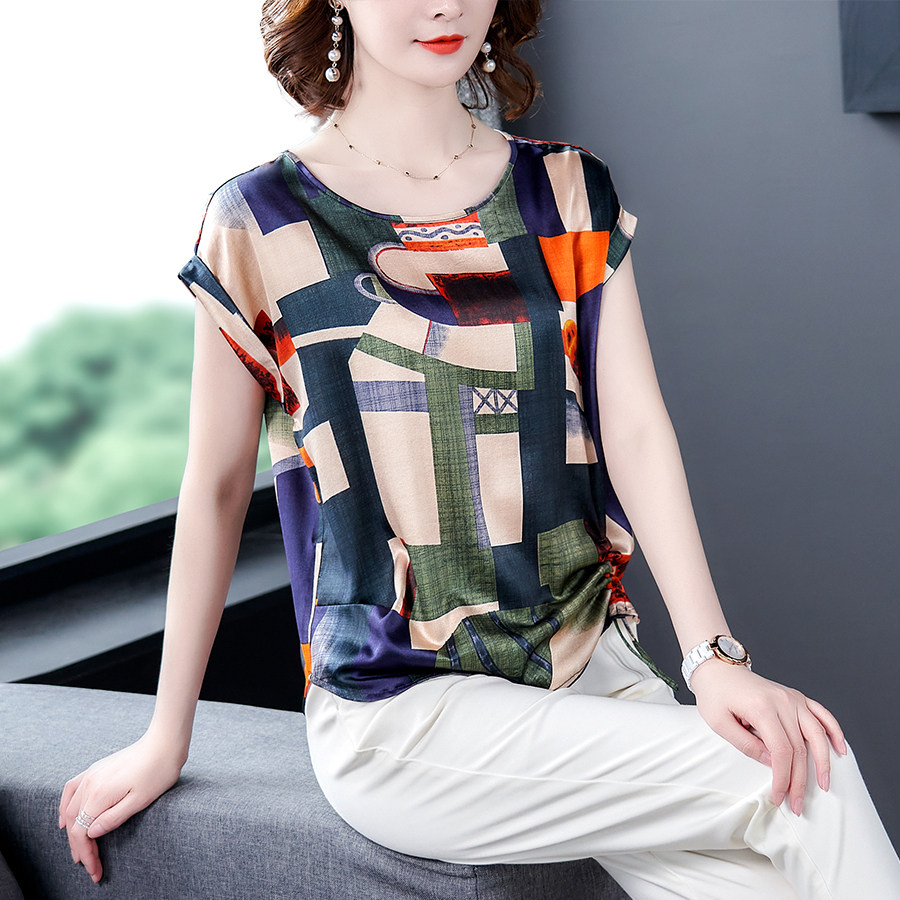 真丝上衣女短袖t恤妈妈夏装女式碎花桑蚕丝杭州丝绸女装洋气小衫