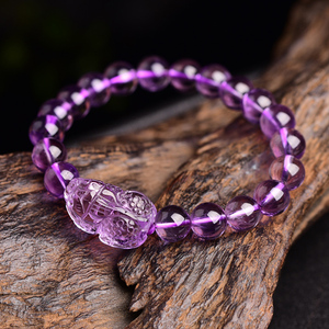 天然紫水晶貔貅手链 紫水晶身披金点金蟾貔貅手链 皮丘手串