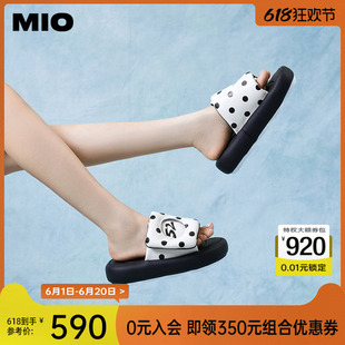 MIO米奥夏季甜美风拼色中跟一字拖复古舒适厚底炸街面包拖鞋女