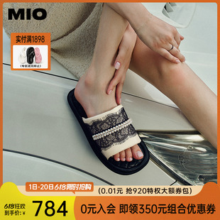MIO米奥2024年夏季低跟时尚拖鞋珍珠蕾丝干爽透气通勤一字拖女鞋