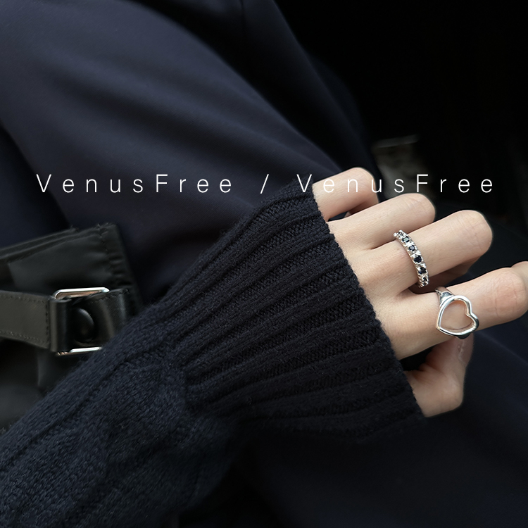 VenusFree定制超美925纯银暗蓝排钻大爱心戒指环开口韩国博主叠戴