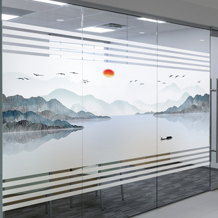 办公室玻璃贴纸定制创意新中式山水企业励志公司隔断装饰磨砂贴膜
