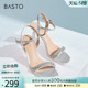 百思图夏季商场新款一字带高跟鞋女时装凉鞋TIZ14BL3
