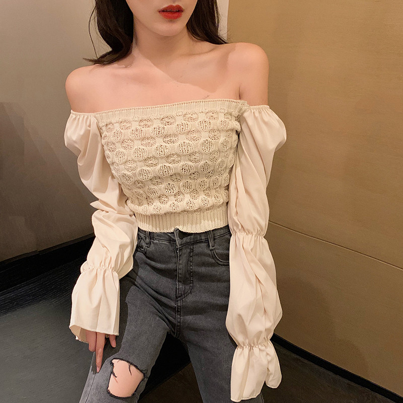 一字肩时尚毛衣女潮_韩版时尚小性感一字领露肩针织衫长袖拼接短款