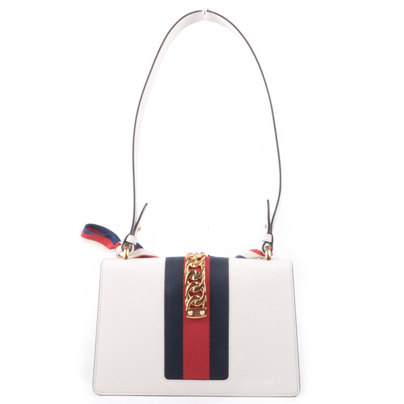 [9.9新]未使用古驰gucci白色sylvie系列真皮单肩包绸带包小号
