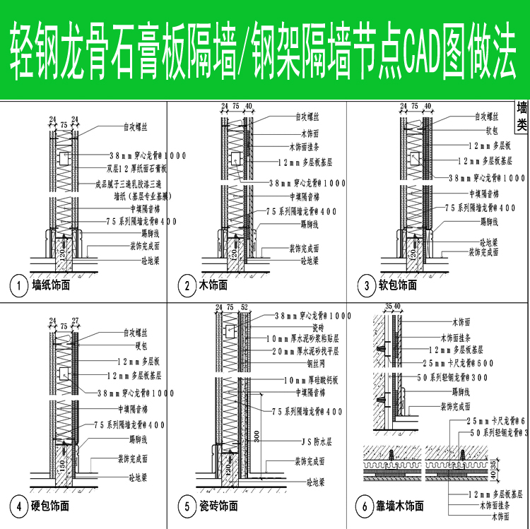 CAD隔墙节点大样详图轻钢龙骨石膏板钢架砌块玻璃隔墙节点大样