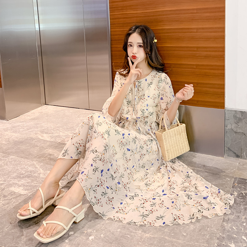 2021夏季新款很仙的孕妇印花连衣裙雪纺中长款仙女裙显瘦裙子