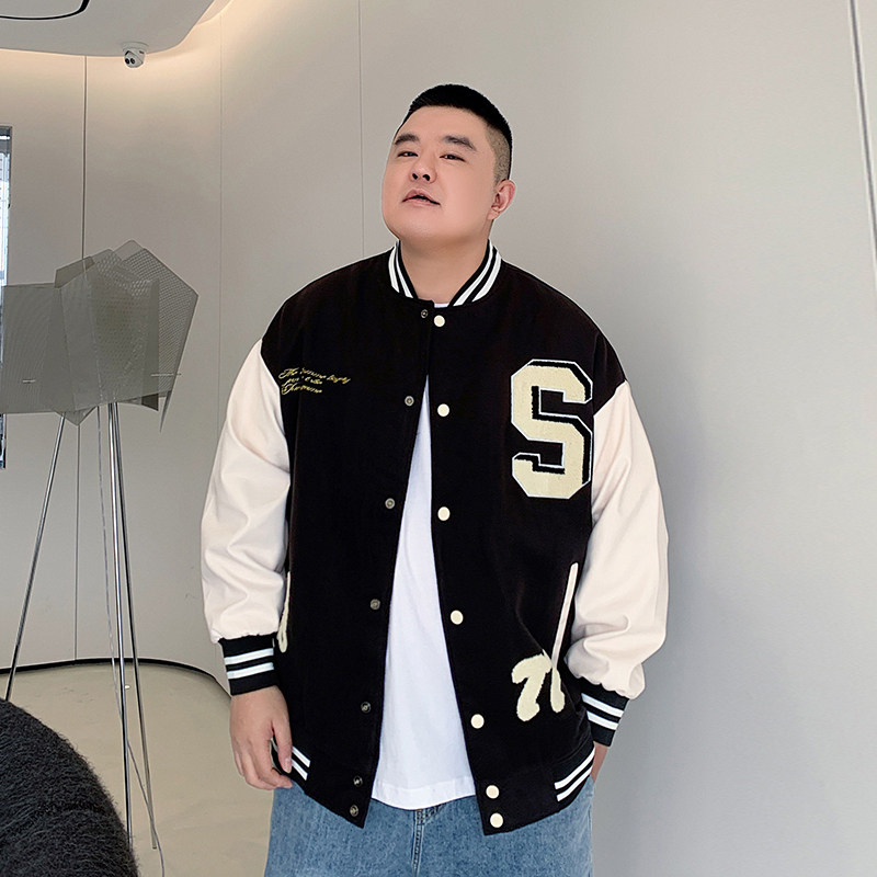 the pang潮牌大码男装棒球服夹克加肥加大胖子男生拼皮茄克外套男