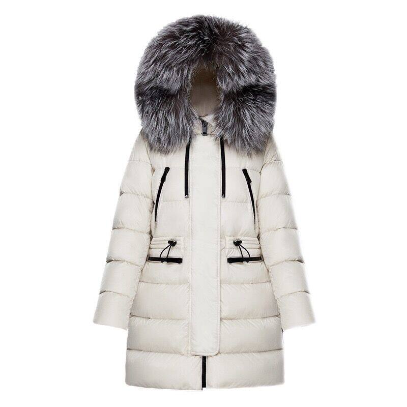 陈乔恩同款m家时尚冬装张天爱羽绒服中长款白鹅绒外套银狐狸毛领