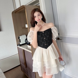 Bubble sleeve sweet mesh dress puffy cake skirt