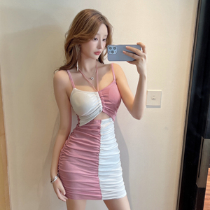 V-neck color contrast thin wrap hip waist strap dress