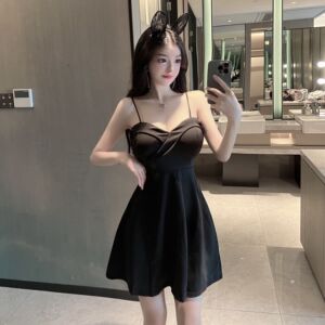 Sexy solid low cut suspender dress