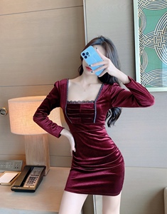 Real shot nightclub waist closed slim Hip Wrap Skirt square neck low chest backless golden velvet dress