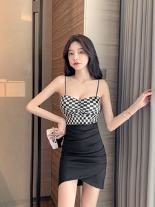 Real shooting sexy contrast color stitching leopard print buttock dress