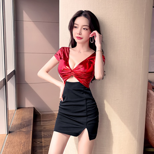 Real shooting of new sexy nightclub foot bath technician shift clothes splicing Hip Wrap Dress