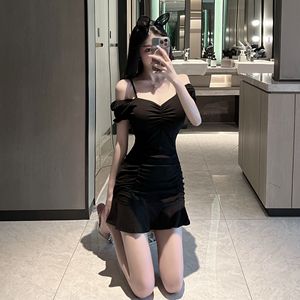 Real shot spot pure cotton sexy straight neck off shoulder short sleeve suspender Hip Wrap Dress