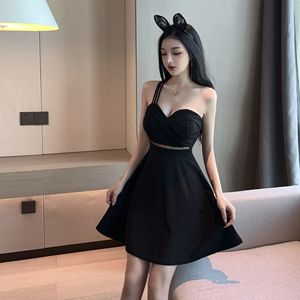 Real shot diagonal shoulder single shoulder sling hollow out large swing dress