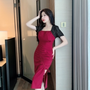 Real shot round neck pleat thin sexy side slit irregular Hip Wrap short sleeve Hip Wrap Dress