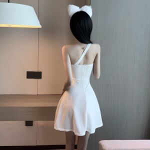 Real shot diagonal shoulder single shoulder sling hollow out large swing dress