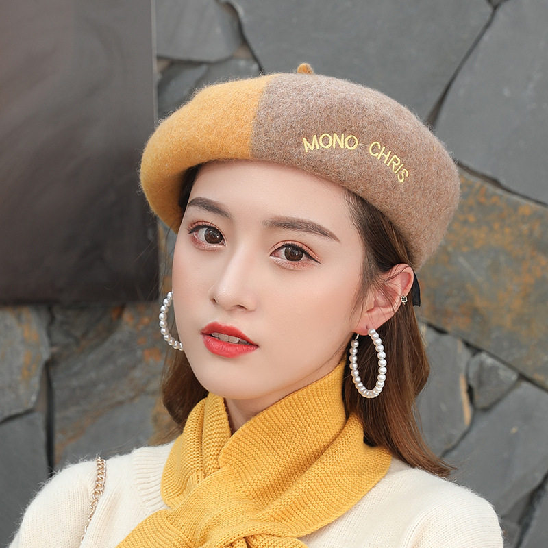 贝雷帽女 网红同款春英伦复古拼色帽 春秋韩版潮时尚百搭日系帽子